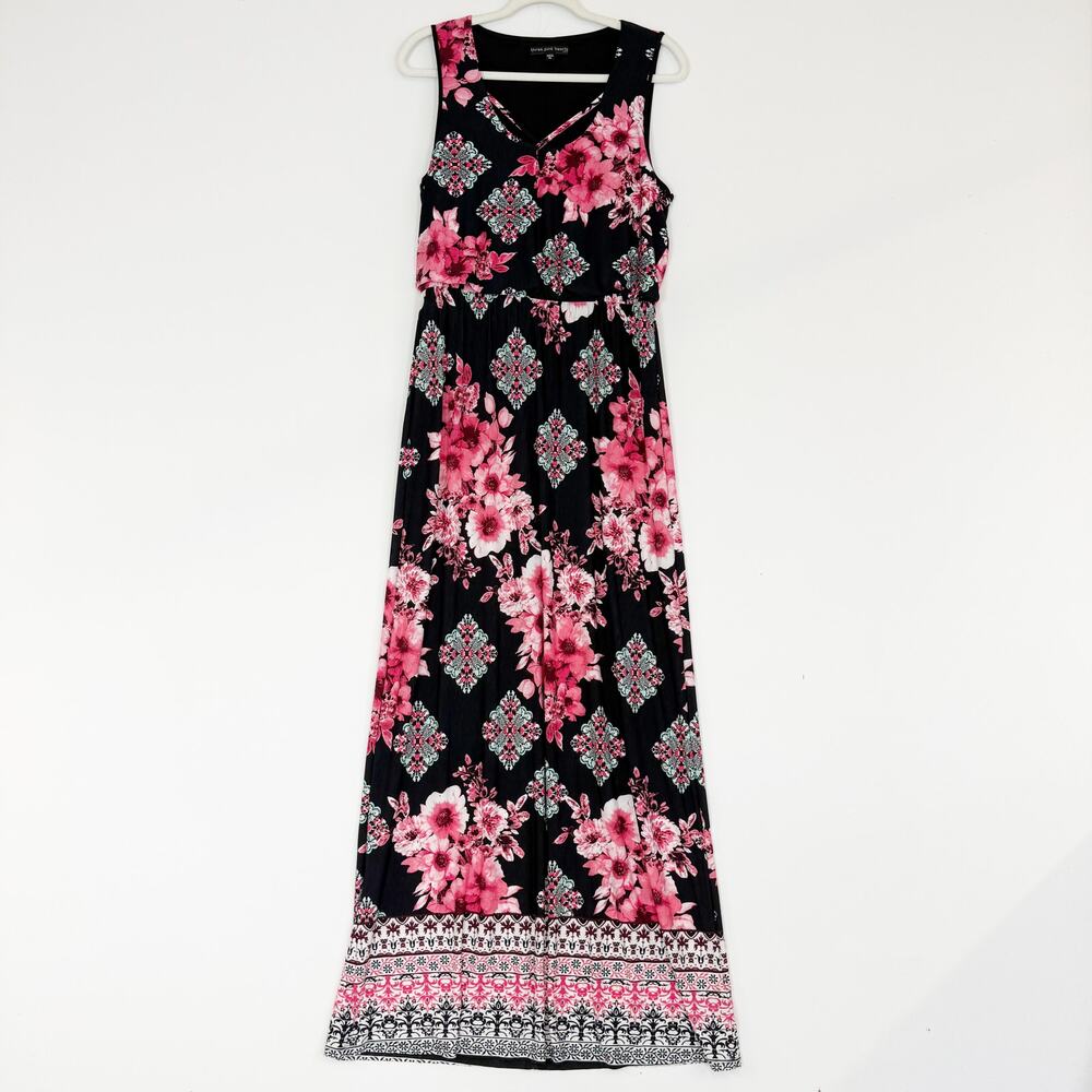 Three Pink Hearts Sleeveless Black & Pink Floral Blouson Maxi Dress Women's XL